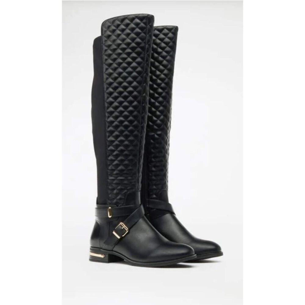 Black Quilted Knee High Riding Boots | Wide Calf Stretch Back | NWT Size 6